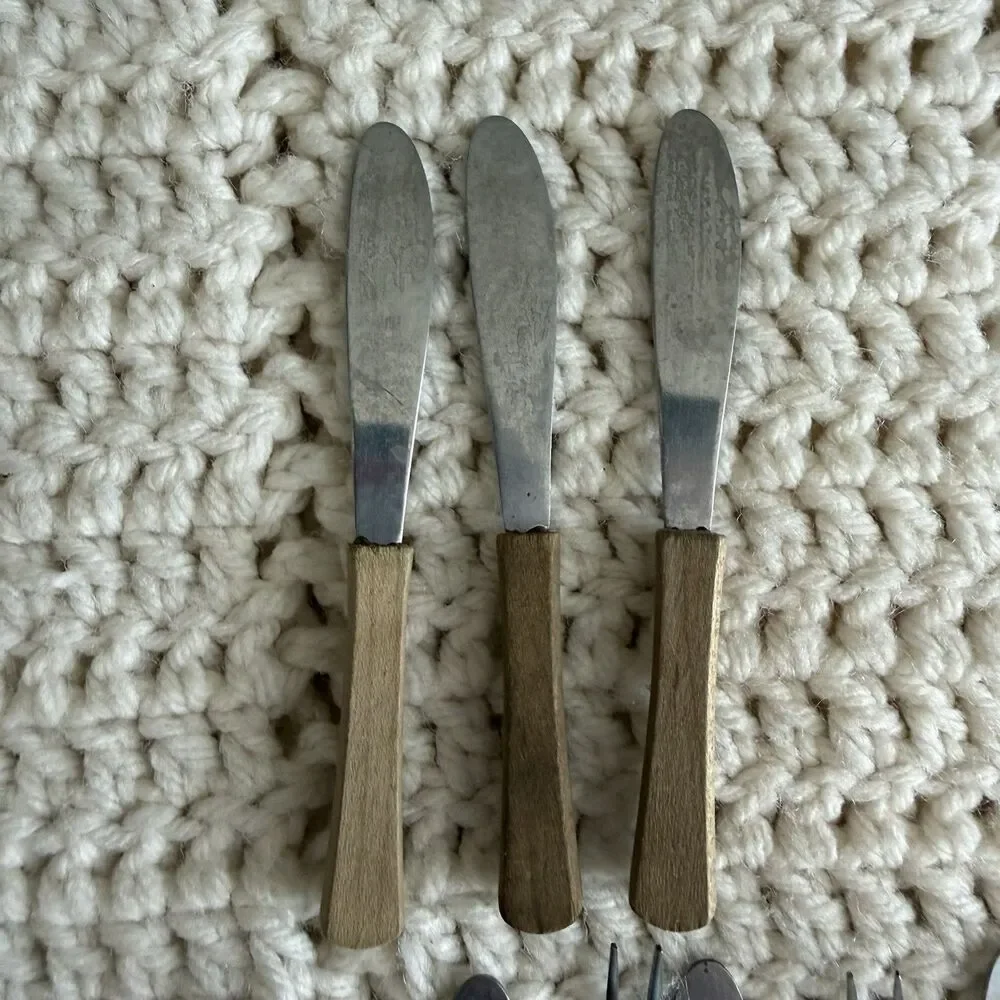 Vintage Wood Stainless Appetizer Forks (3) Knives (6) Set Of 9 Mini Utensils MCM